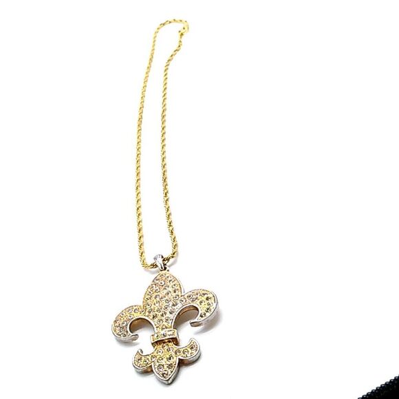 Pave Crystal Fleur de lis Gold-tone & Silver-tone Pendant Rope Chain Necklace - Picture 8 of 11